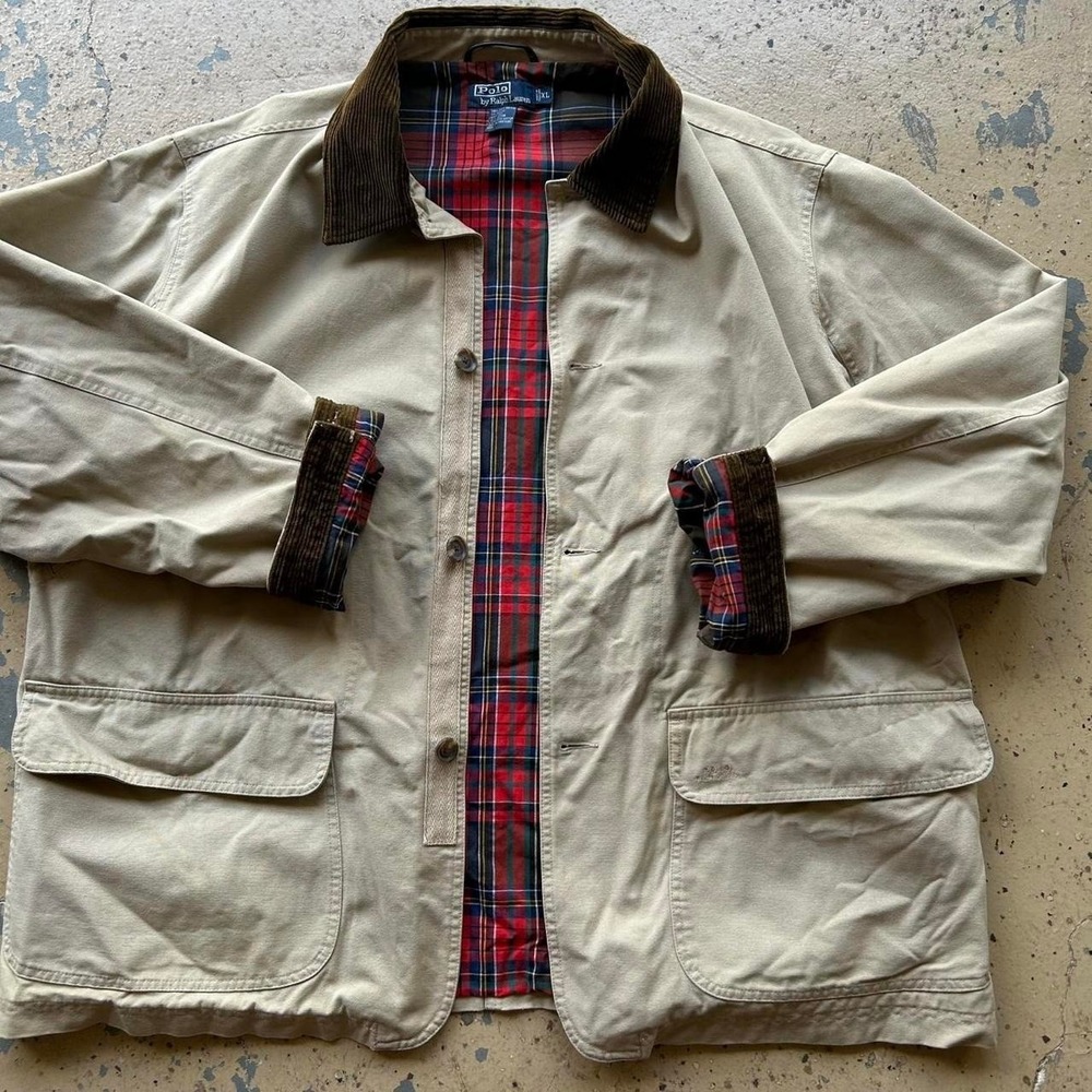 90s Polo Ralph Lauren tan chore jacket with corduroy collar lined barn coat
